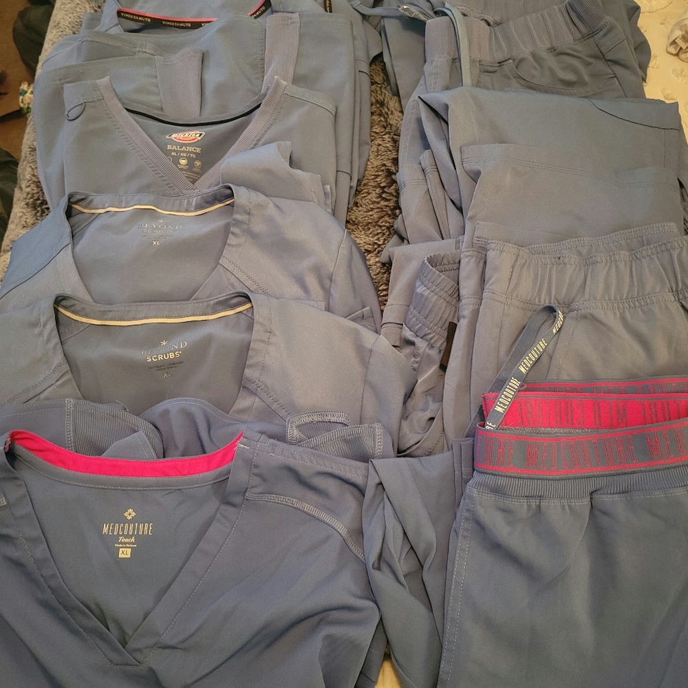 6 pair ciel blue scrub top and bottoms